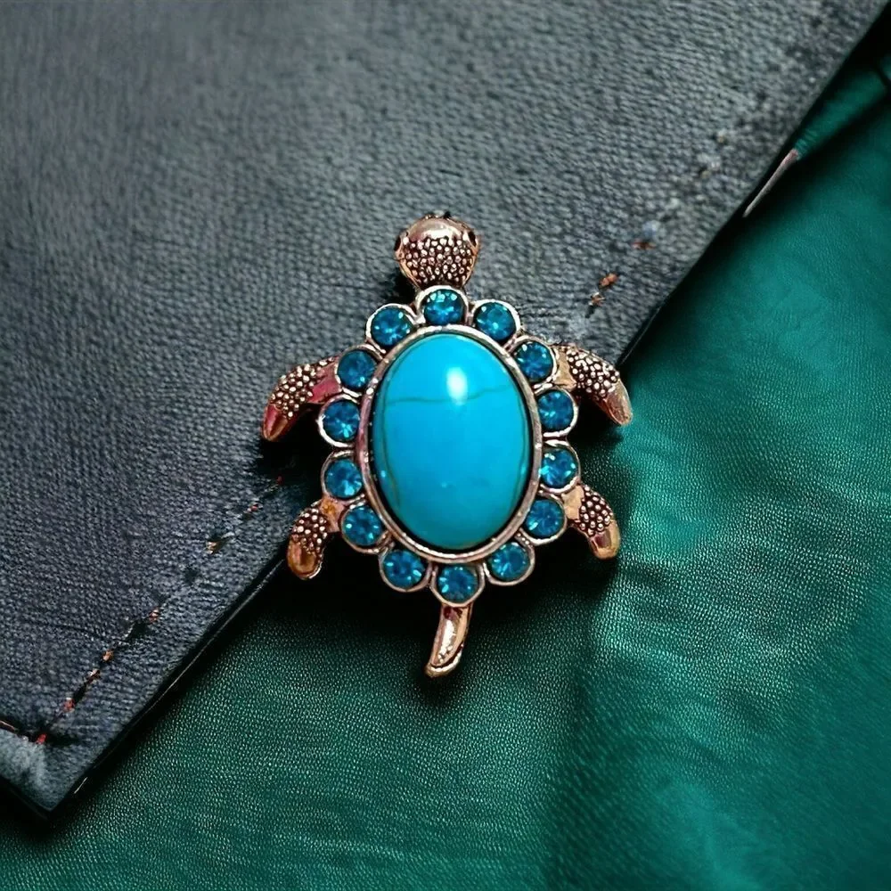 Turquoise And Blue Rhinestone Turtle Silver Tone Adjustable Ring